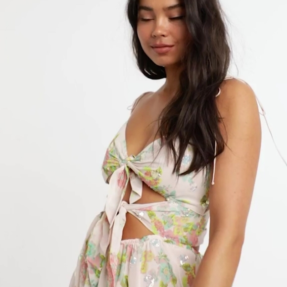 FOR LOVE AND LEMONS LOUISA DOUBLE TIE FRONT FLORAL SEQUIN MAXI DRESS SIZE LARGE - Picture 7 of 16